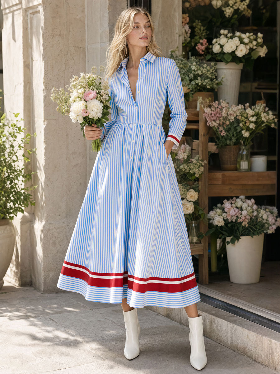 Retro-style Color-blocked Blue Striped Long-sleeved Collared Cotton Midi Dress