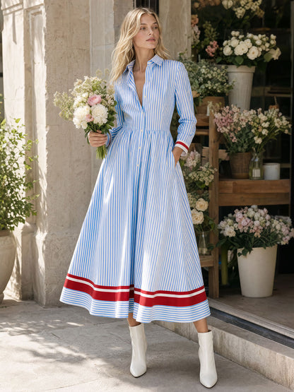 Retro-style Color-blocked Blue Striped Long-sleeved Collared Cotton Midi Dress