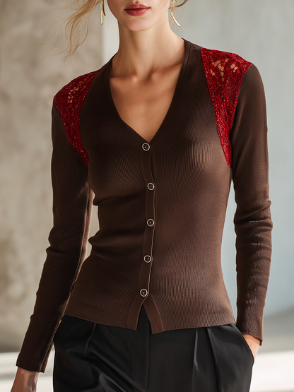 Retro-chic Ribbed Knit Top With Lace Shoulder Panels