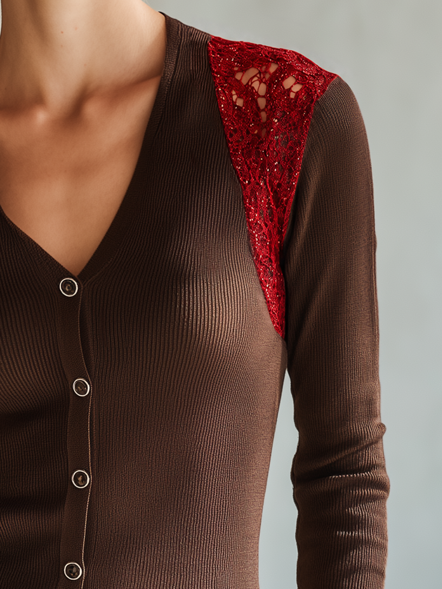 Retro-chic Ribbed Knit Top With Lace Shoulder Panels