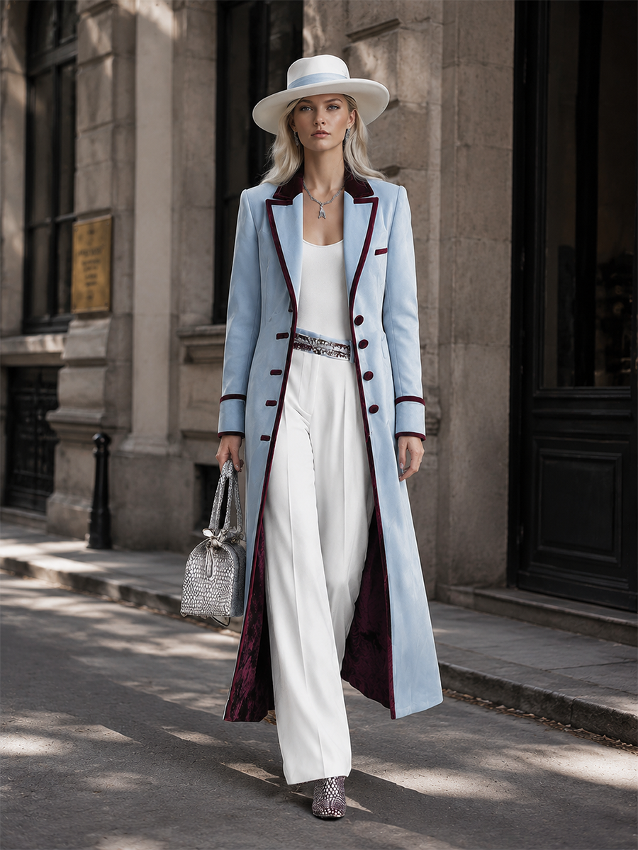 Elegant Urban-style Piped Two-tone Ice-blue Velvet Coat