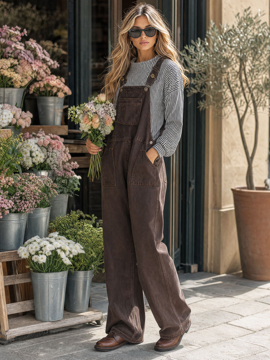 Casual Retro Brown Multi-pocket Denim Overalls