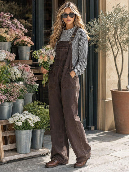 Casual Retro Brown Multi-pocket Denim Overalls