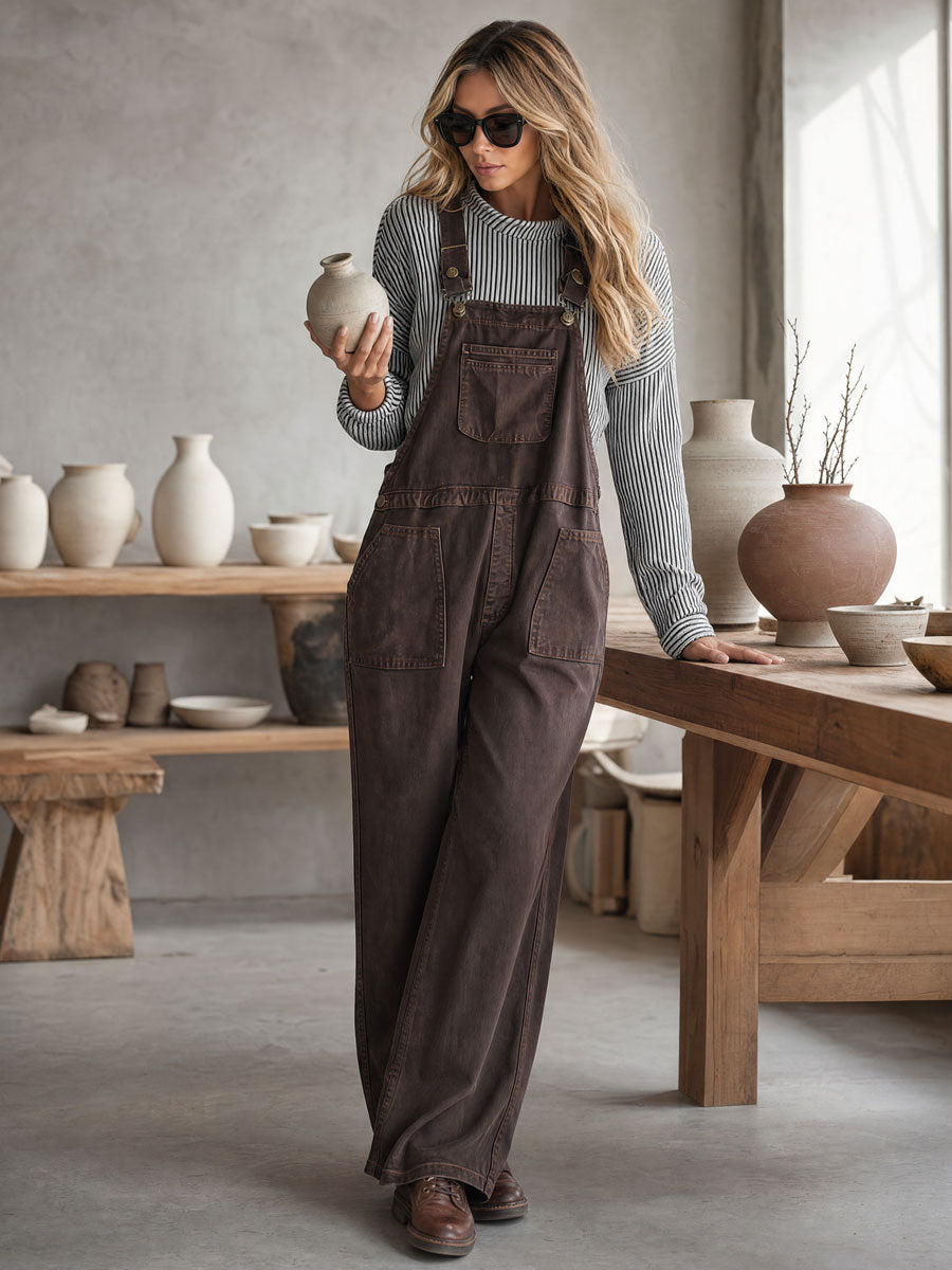 Casual Retro Brown Multi-pocket Denim Overalls