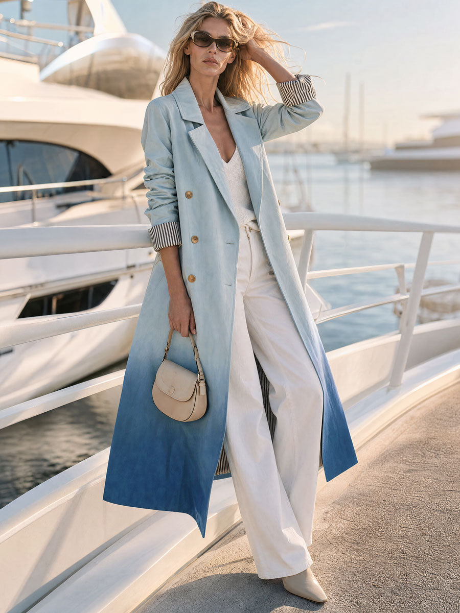Retro-elegant Light Blue Gradient Double-breasted Striped Long Coat