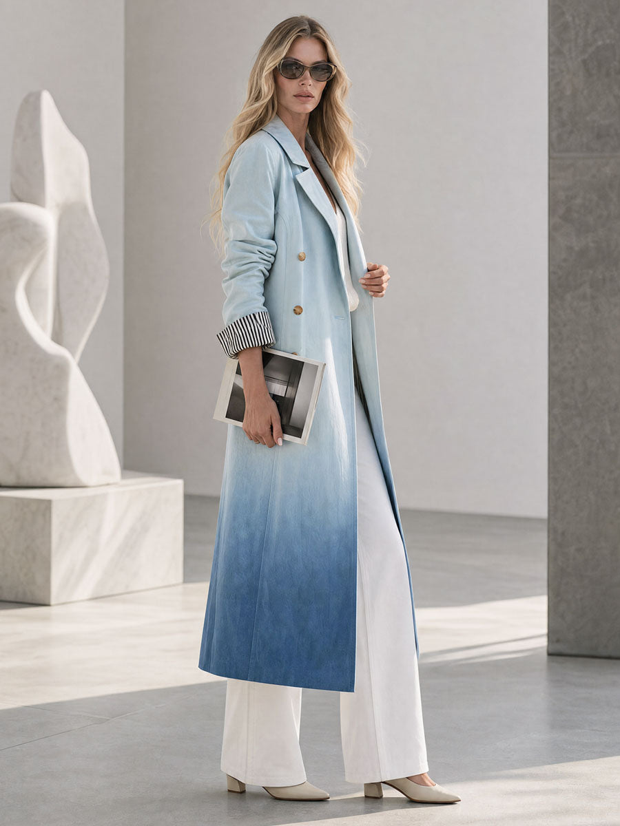 Retro-elegant Light Blue Gradient Double-breasted Striped Long Coat