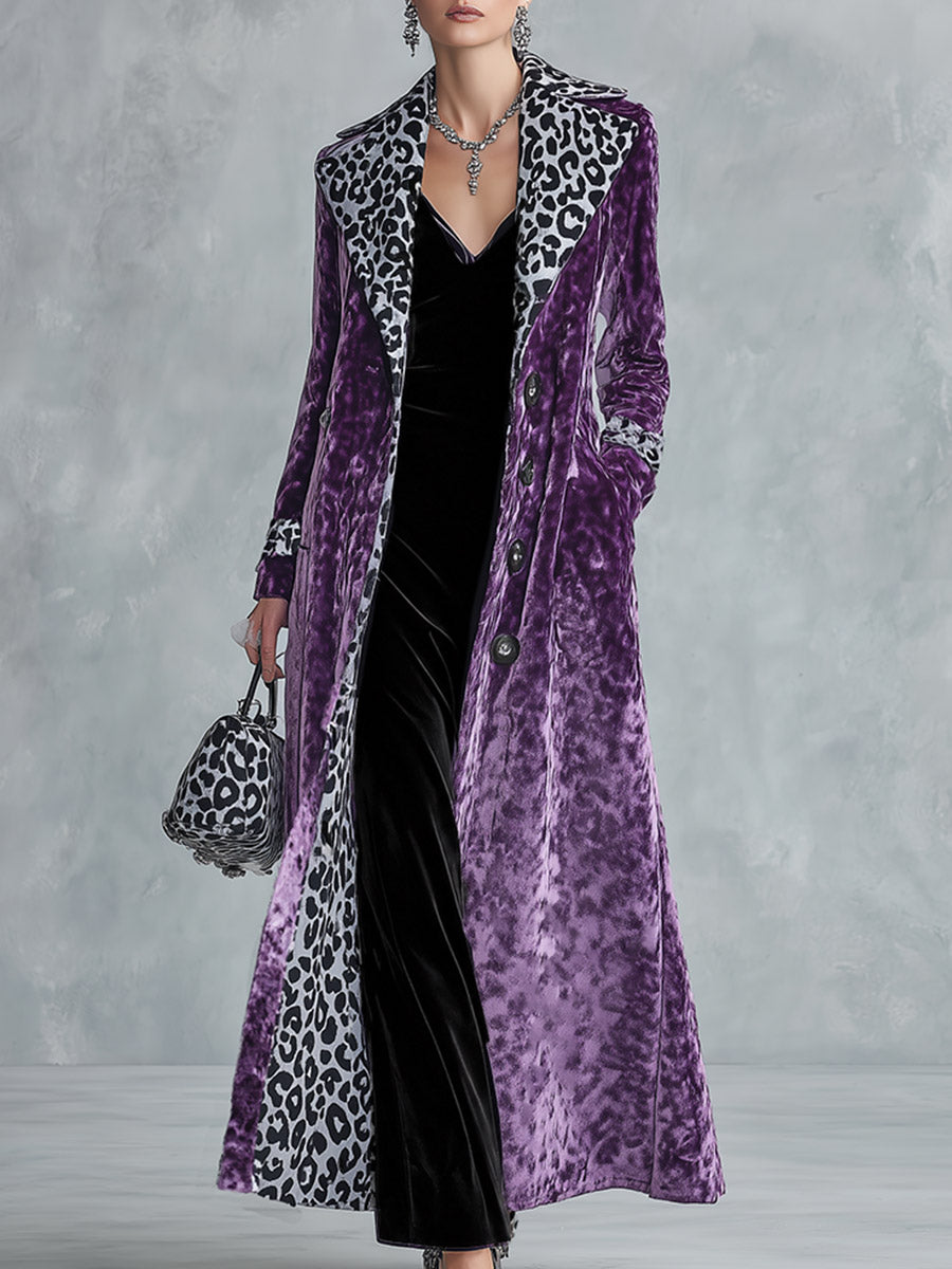 Vintage-style Leopard Print Lining Deep Plum-purple Velvet Coat