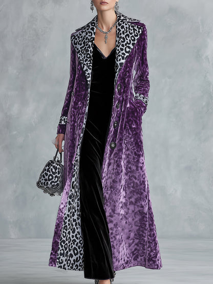 Vintage-style Leopard Print Lining Deep Plum-purple Velvet Coat
