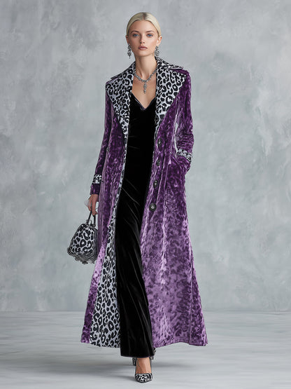 Vintage-style Leopard Print Lining Deep Plum-purple Velvet Coat