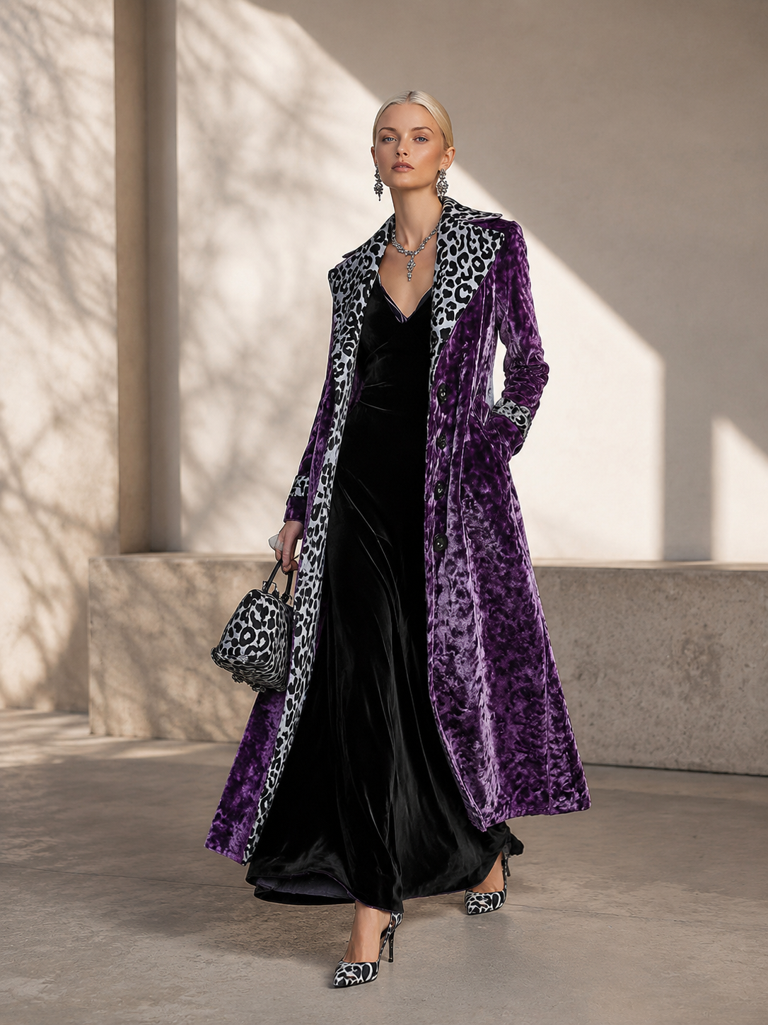 Vintage-style Leopard Print Lining Deep Plum-purple Velvet Coat