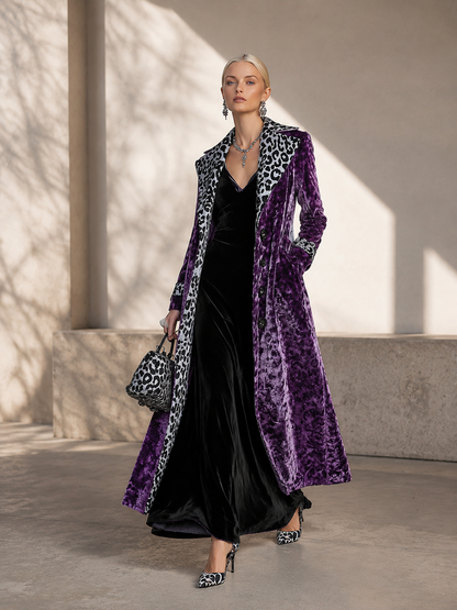 Vintage-style Leopard Print Lining Deep Plum-purple Velvet Coat