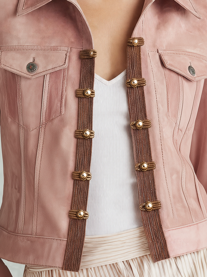 Pink Faux Suede Jacket With A Retro Casual And Elegant Style