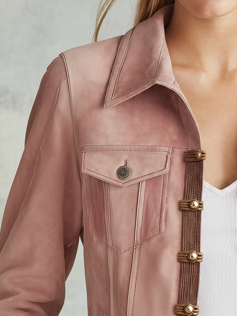 Pink Faux Suede Jacket With A Retro Casual And Elegant Style