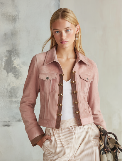 Pink Faux Suede Jacket With A Retro Casual And Elegant Style