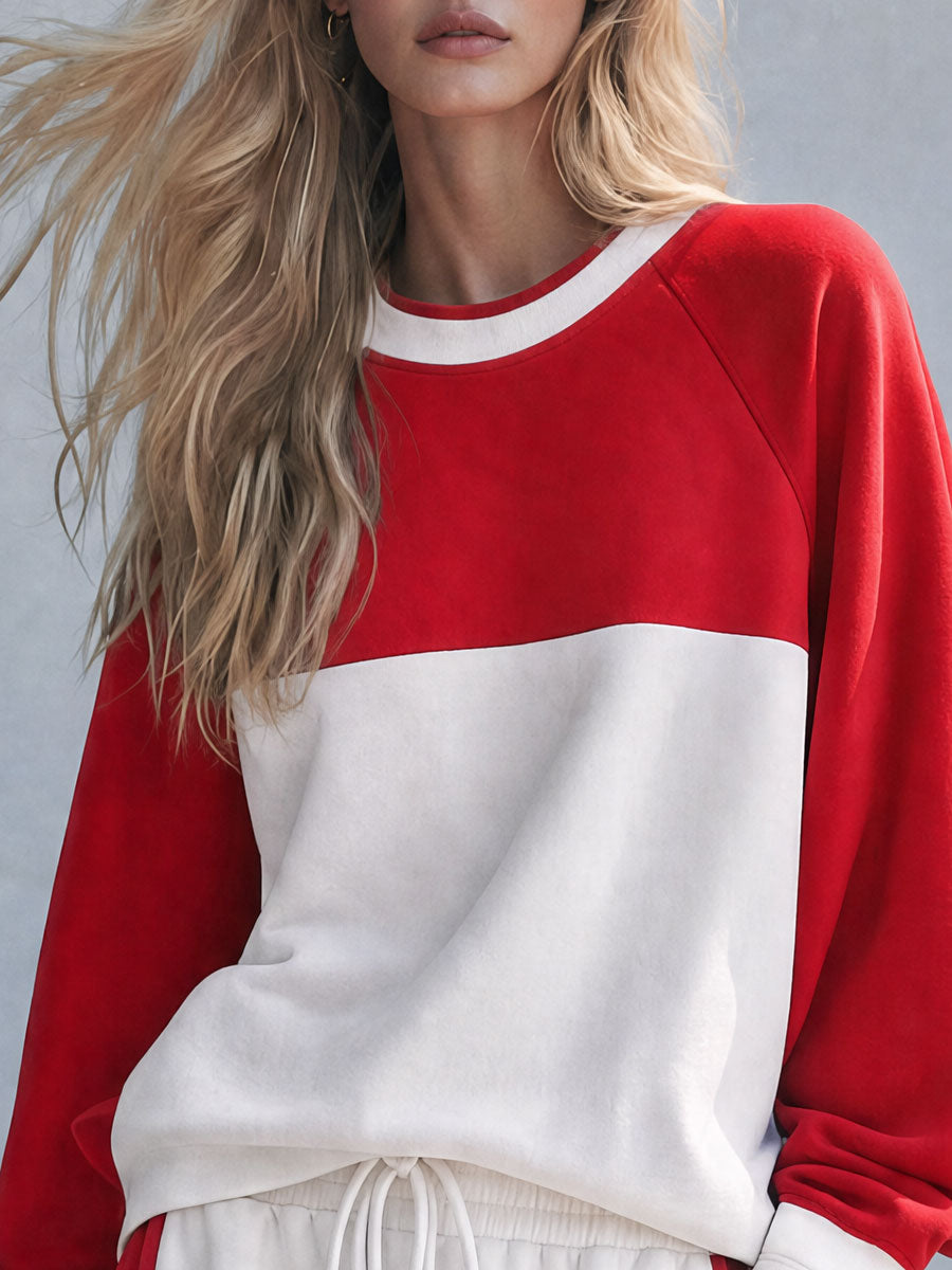 Fashionable Sporty Red And White Color-blocked Sweatshirt And Pants Set