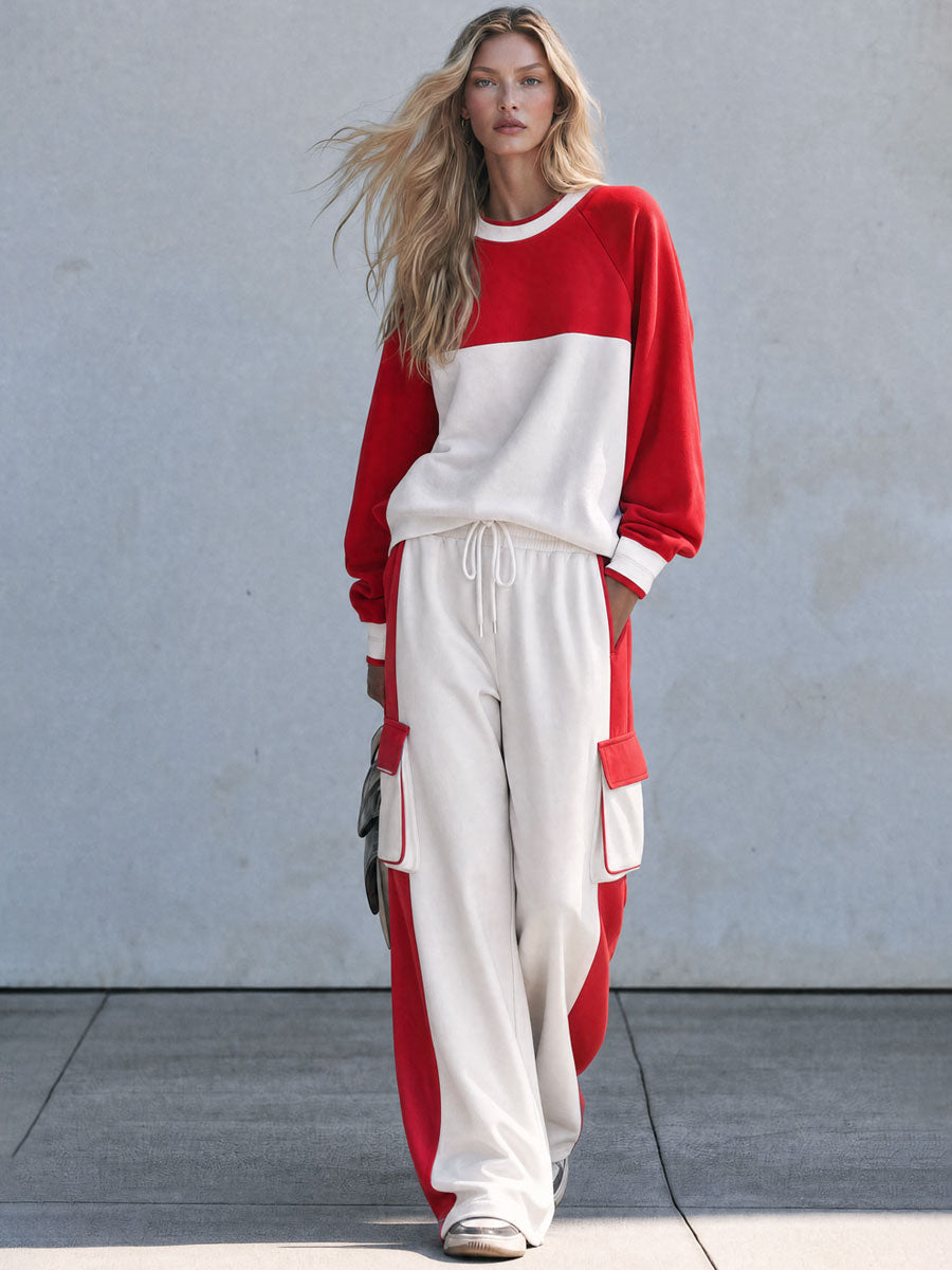 Fashionable Sporty Red And White Color-blocked Sweatshirt And Pants Set