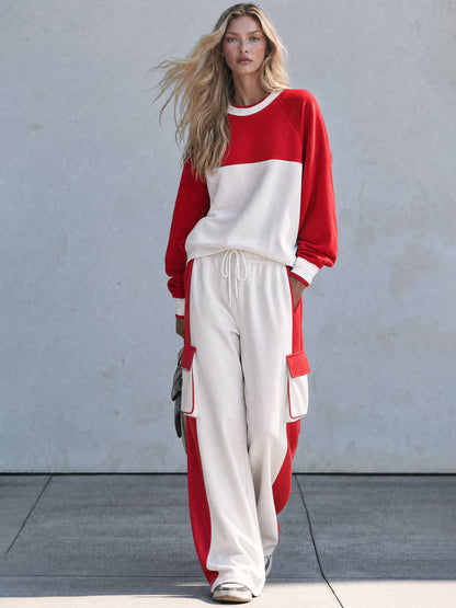 Fashionable Sporty Red And White Color-blocked Sweatshirt And Pants Set