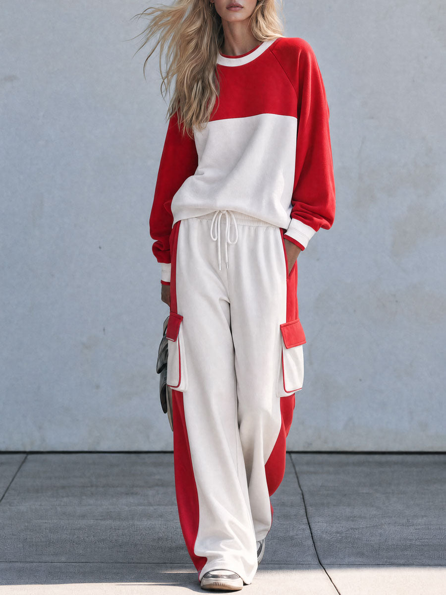 Fashionable Sporty Red And White Color-blocked Sweatshirt And Pants Set