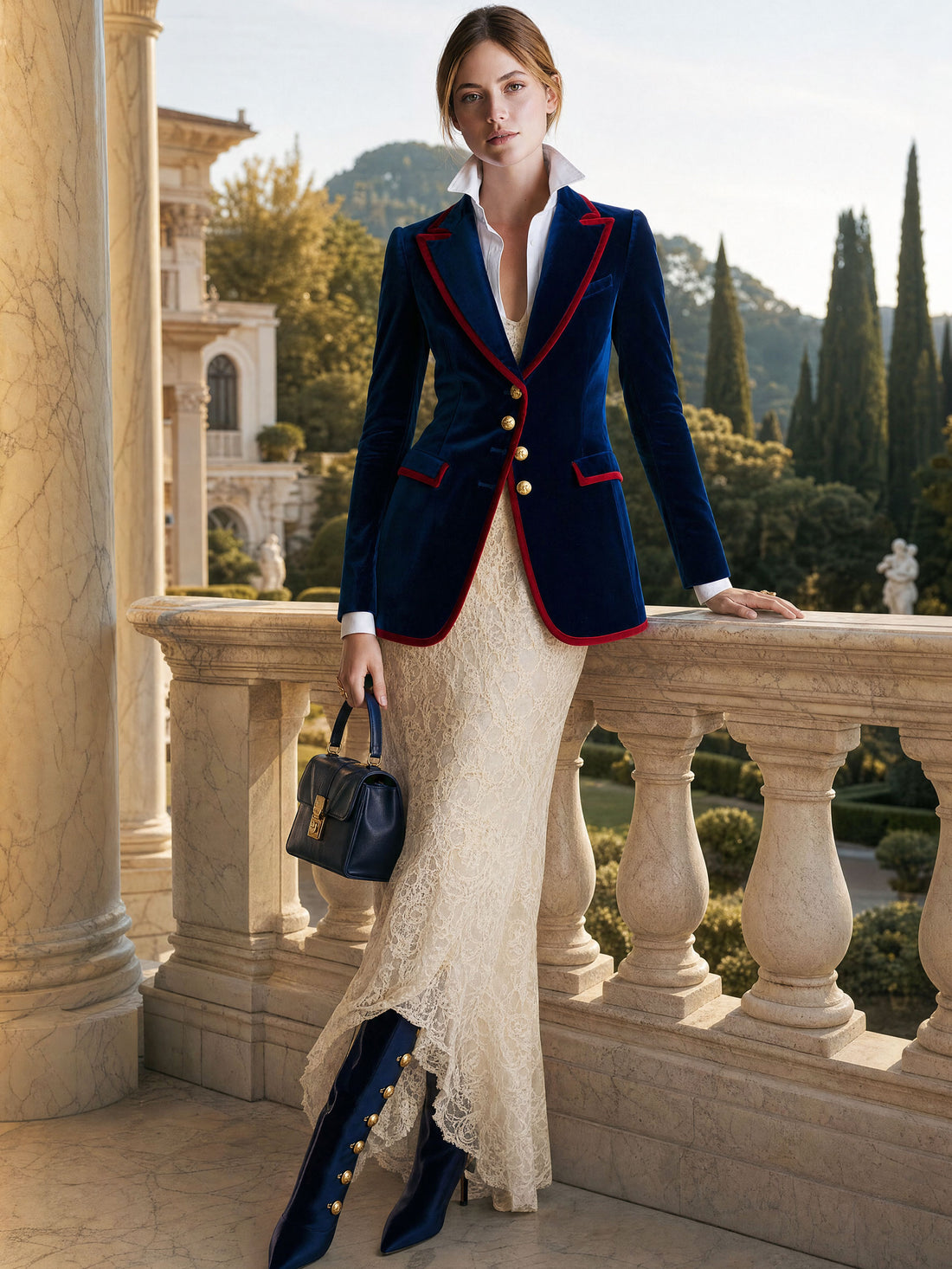 Casual Retro Color-blocked Royal Blue Velvet Blazer