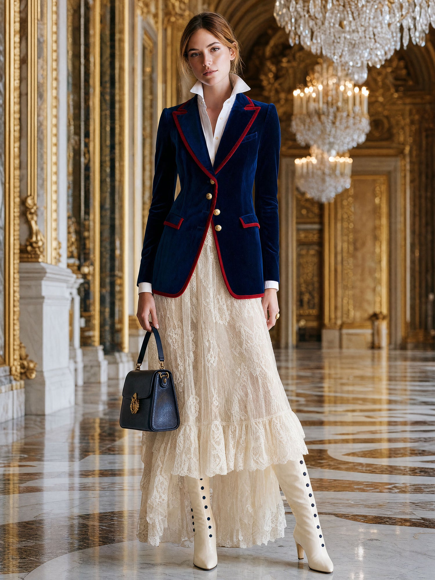 Casual Retro Color-blocked Royal Blue Velvet Blazer