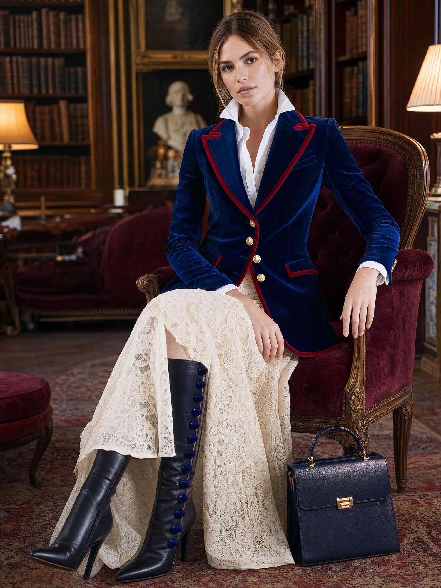 Casual Retro Color-blocked Royal Blue Velvet Blazer