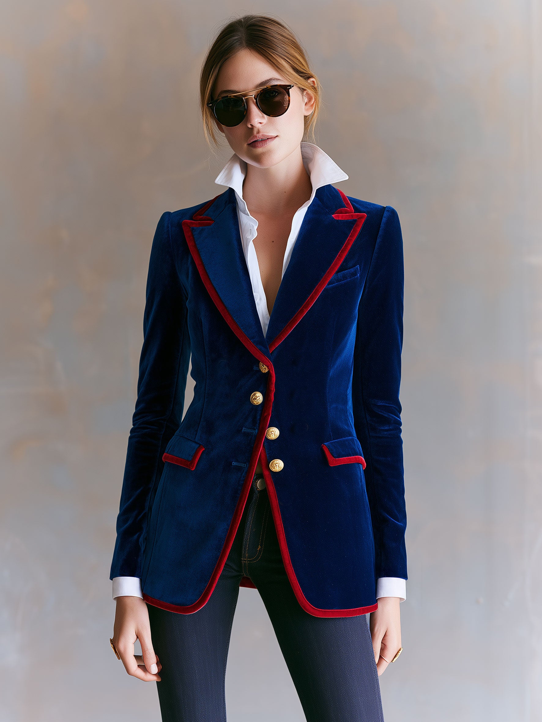 Casual Retro Color-blocked Royal Blue Velvet Blazer