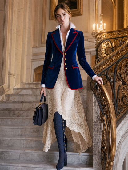 Casual Retro Color-blocked Royal Blue Velvet Blazer