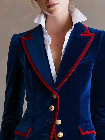 Casual Retro Color-blocked Royal Blue Velvet Blazer