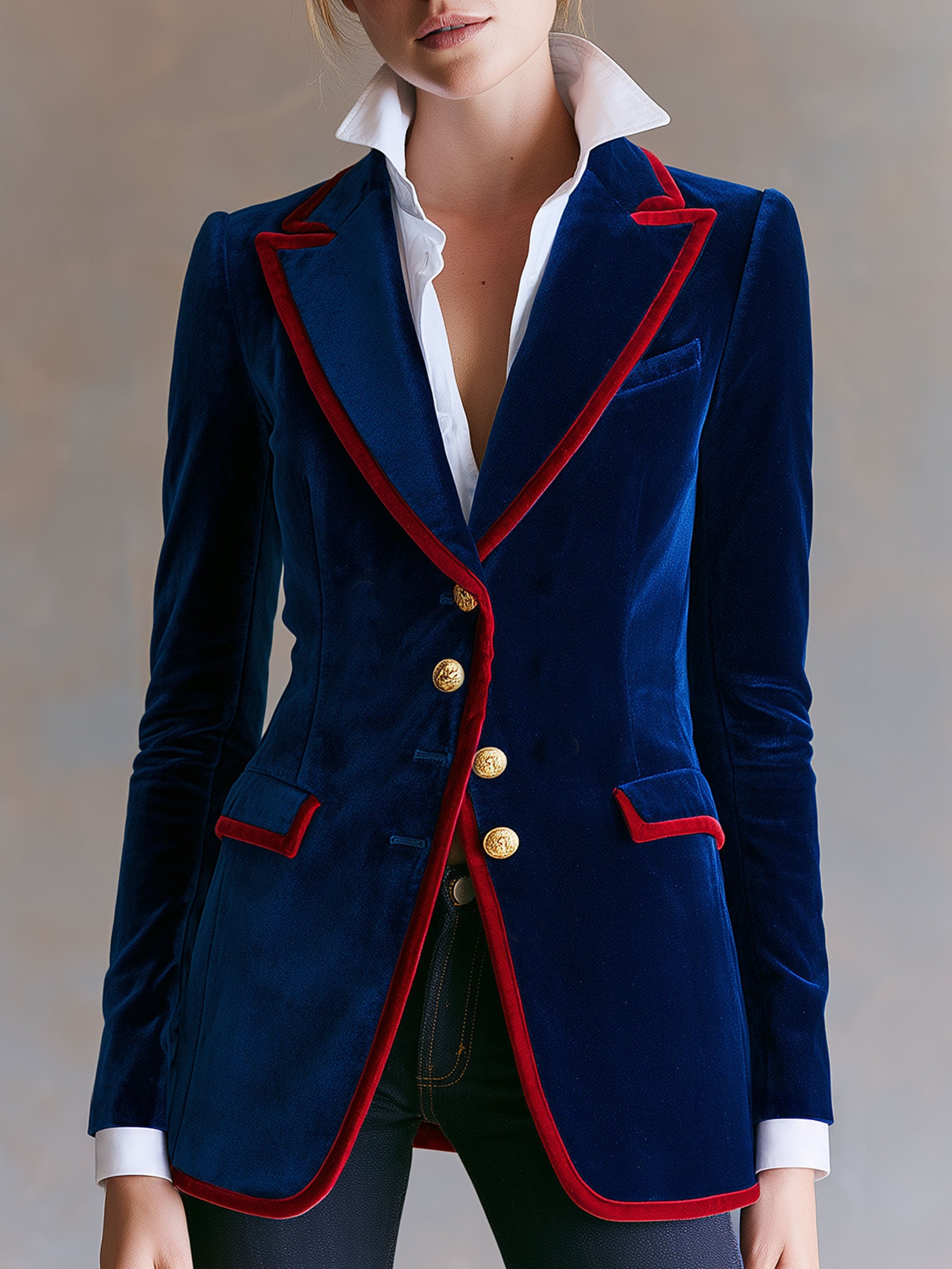 Casual Retro Color-blocked Royal Blue Velvet Blazer