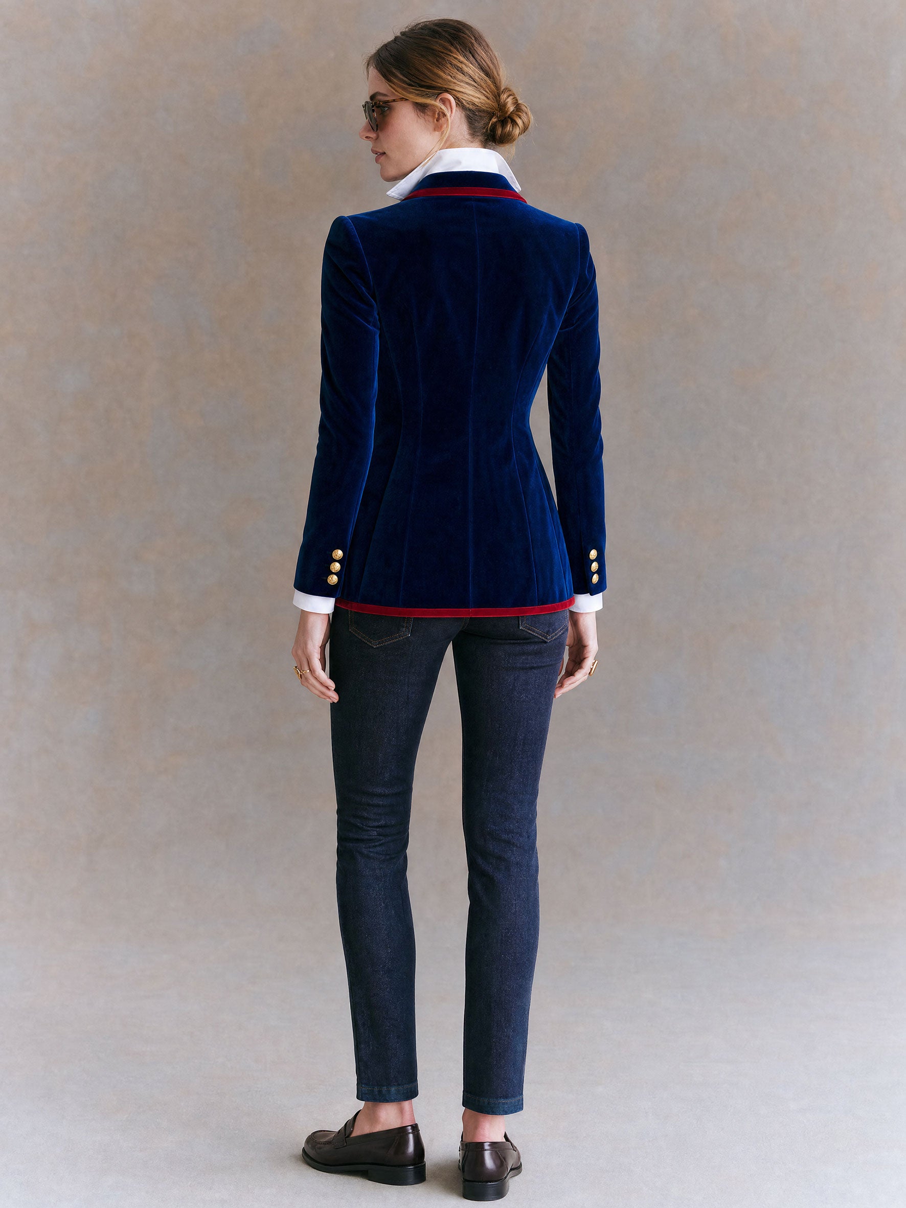Casual Retro Color-blocked Royal Blue Velvet Blazer