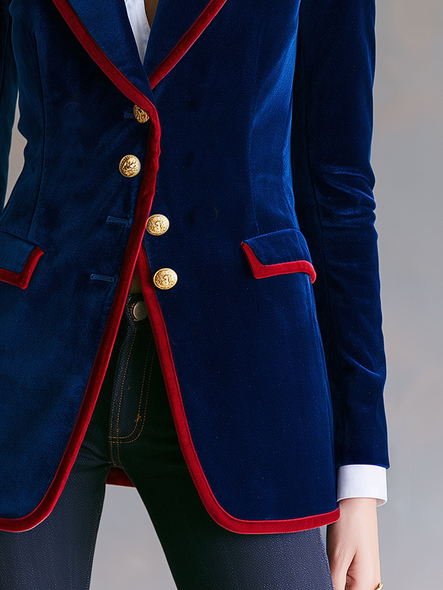 Casual Retro Color-blocked Royal Blue Velvet Blazer