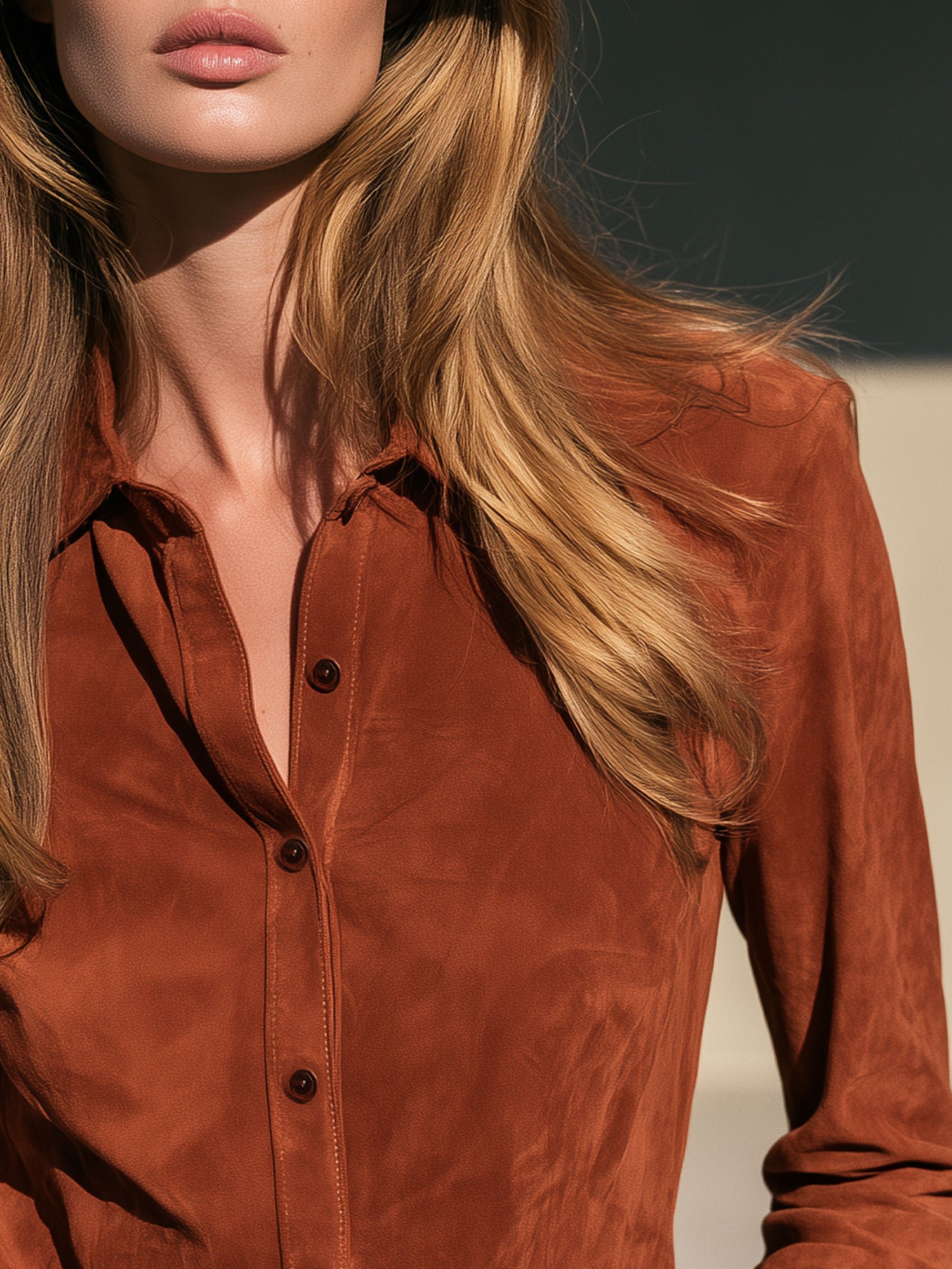 Casual Retro Brick Red Faux Suede Long-sleeved Shirt