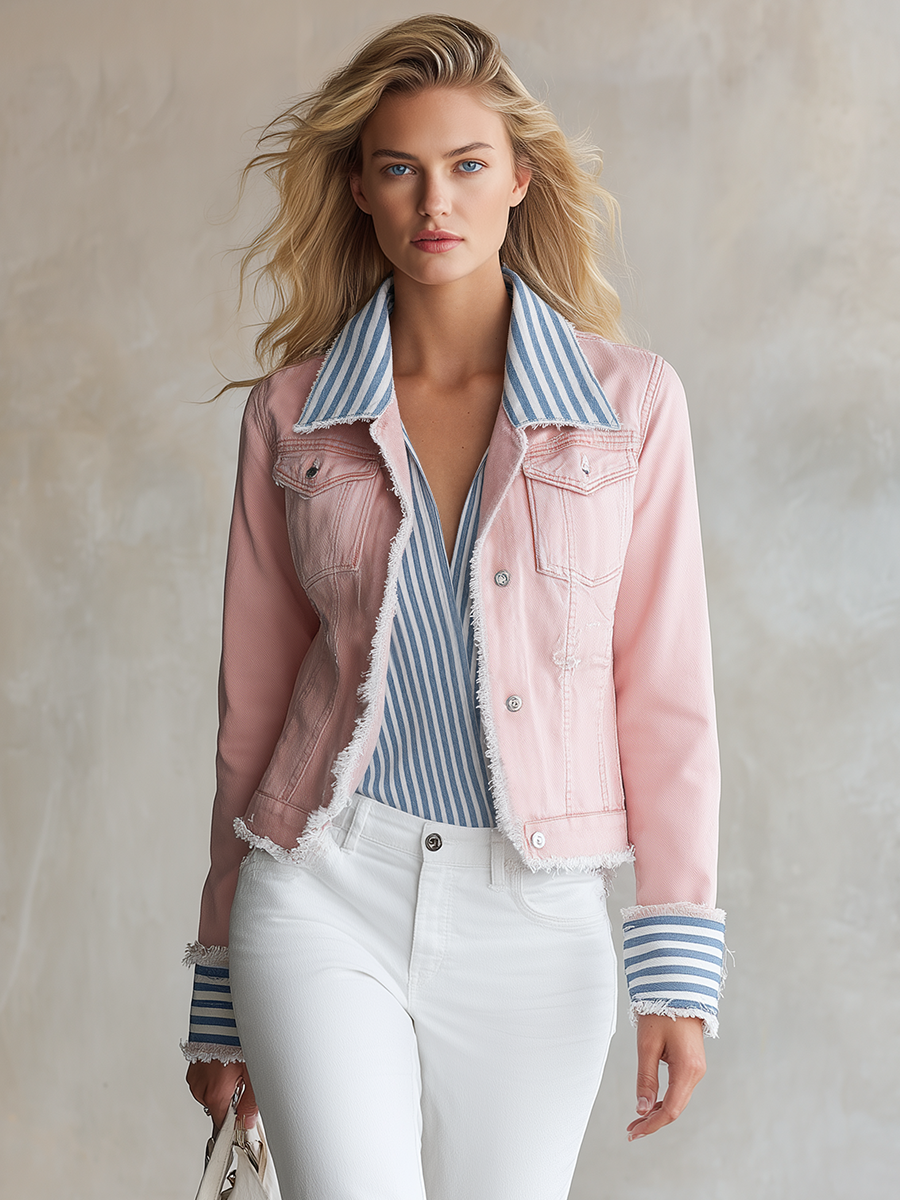 American Vintage Striped Lapel-panel Cropped Slim-fit Denim Blazer