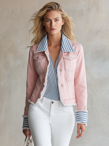 American Vintage Striped Lapel-panel Cropped Slim-fit Denim Blazer