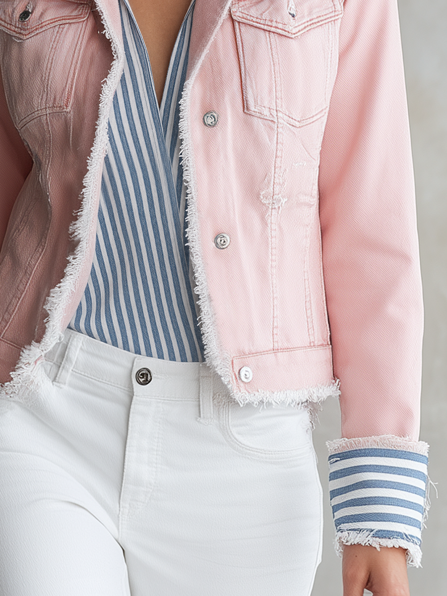 American Vintage Striped Lapel-panel Cropped Slim-fit Denim Blazer