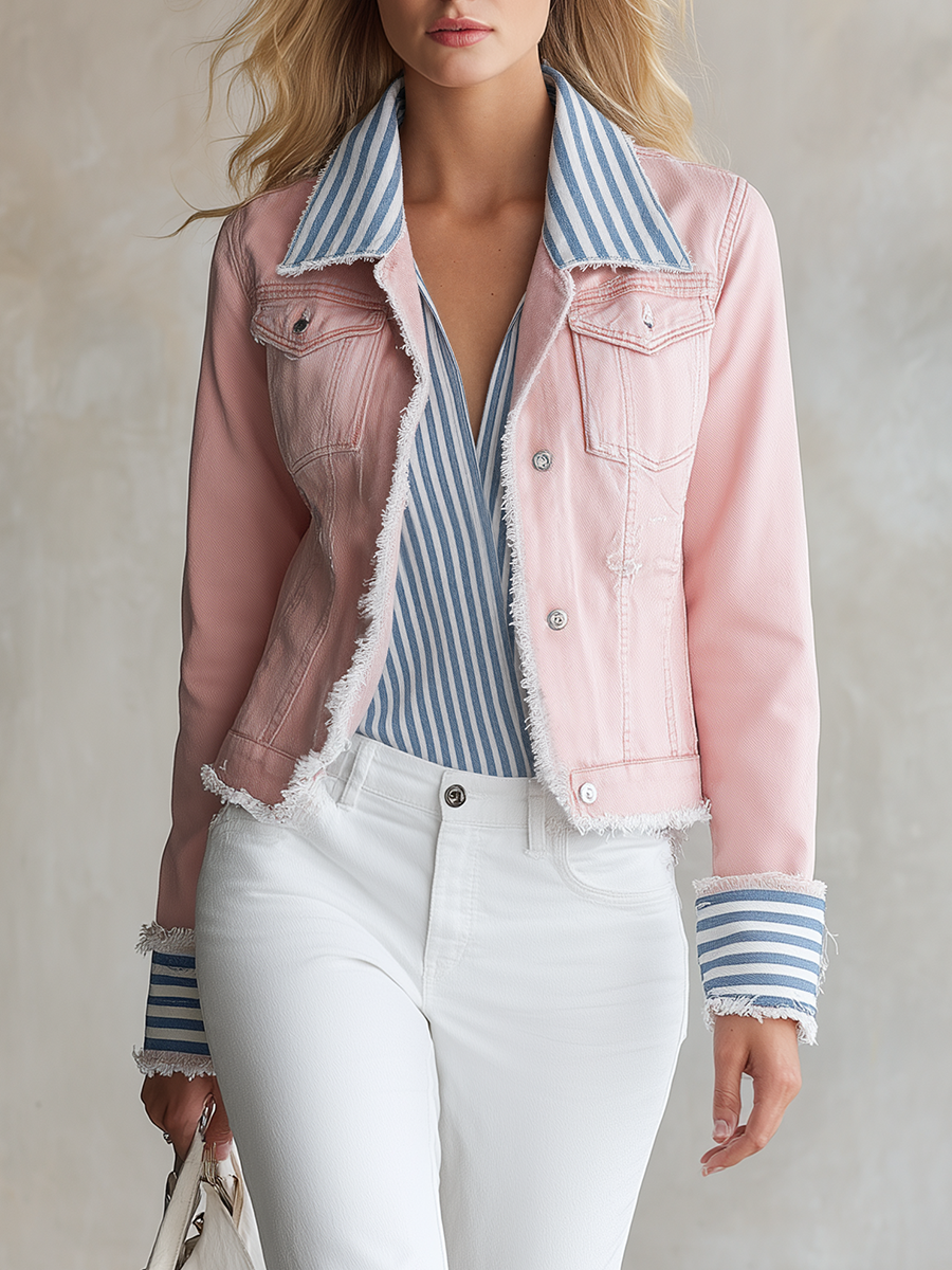 American Vintage Striped Lapel-panel Cropped Slim-fit Denim Blazer