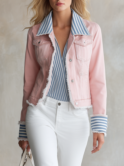 American Vintage Striped Lapel-panel Cropped Slim-fit Denim Blazer
