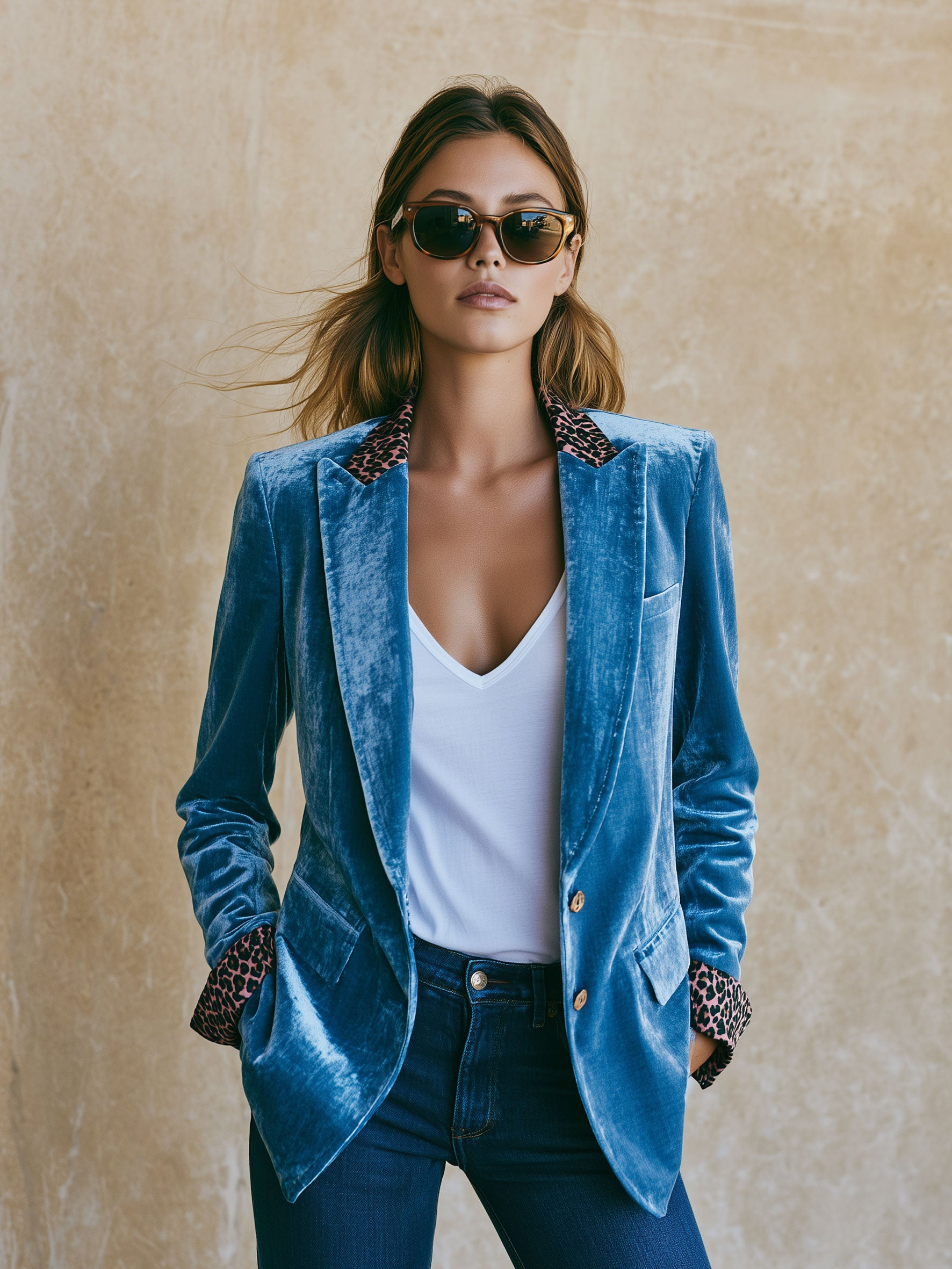 Casual Retro Leopard Print Trim Lake Blue Velvet Blazer