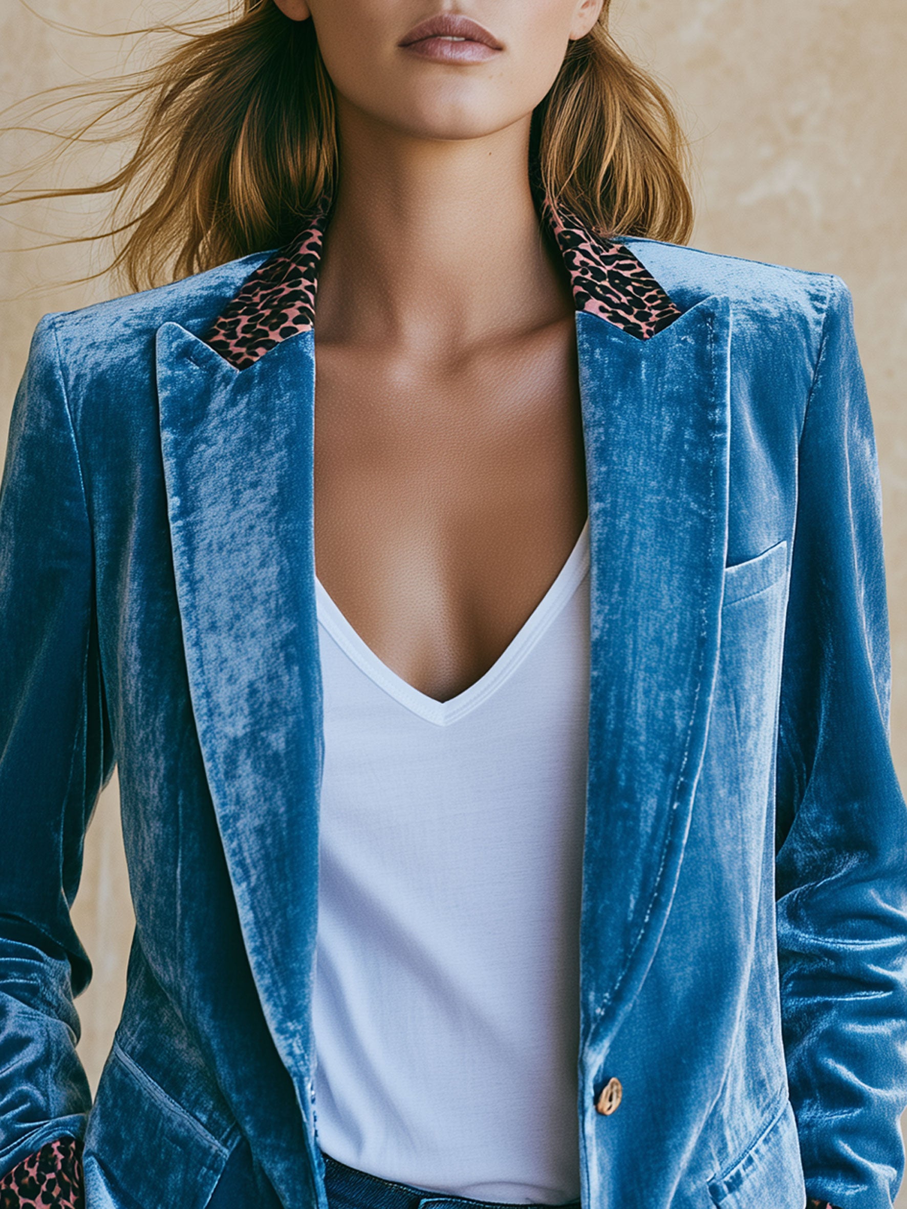 Casual Retro Leopard Print Trim Lake Blue Velvet Blazer