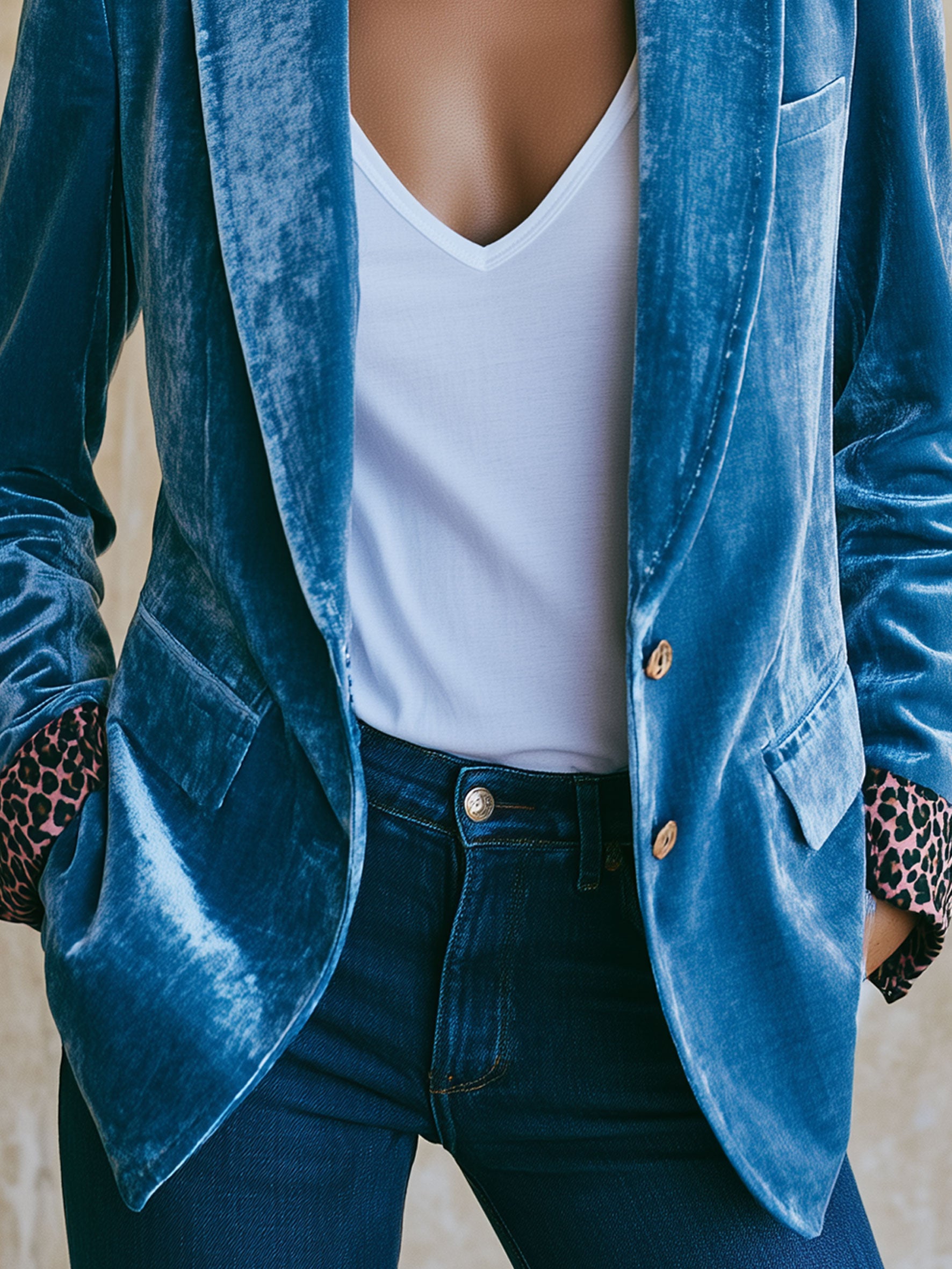 Casual Retro Leopard Print Trim Lake Blue Velvet Blazer