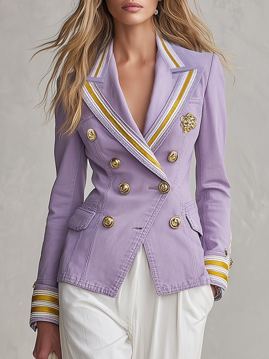 Elegant Vintage Decorative-button Contrast-tape Cinched-waist Denim Blazer