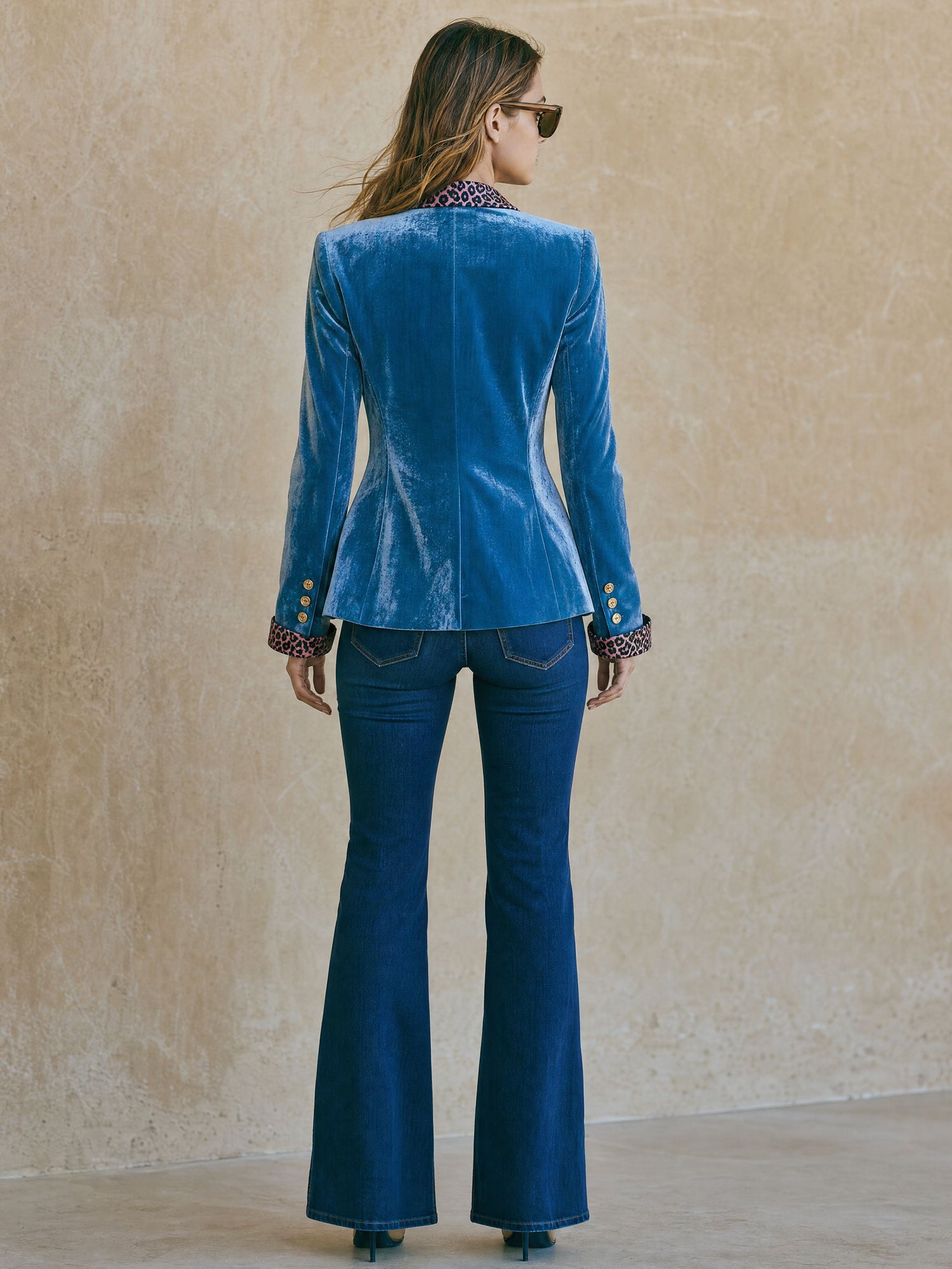 Casual Retro Leopard Print Trim Lake Blue Velvet Blazer