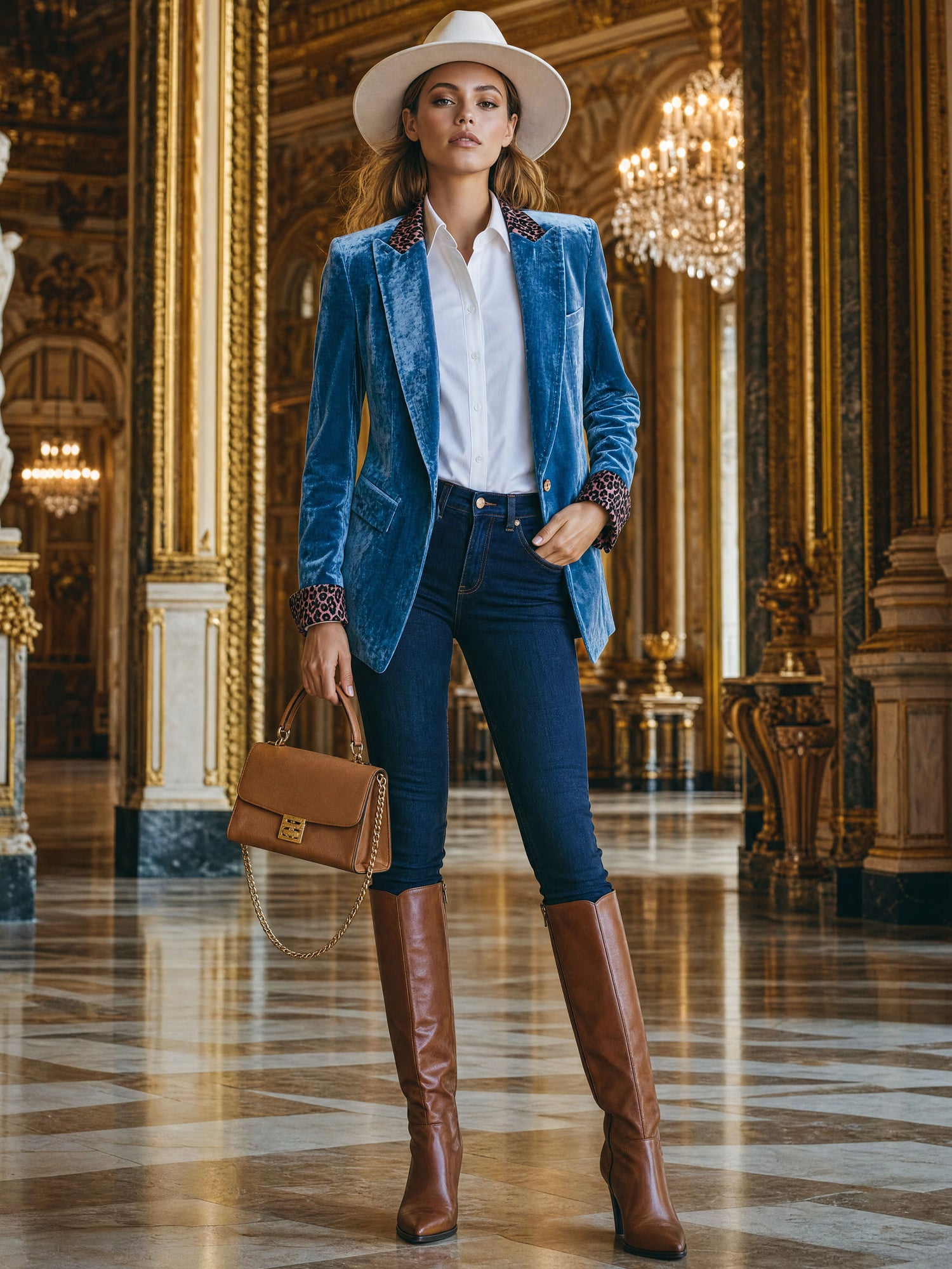 Casual Retro Leopard Print Trim Lake Blue Velvet Blazer