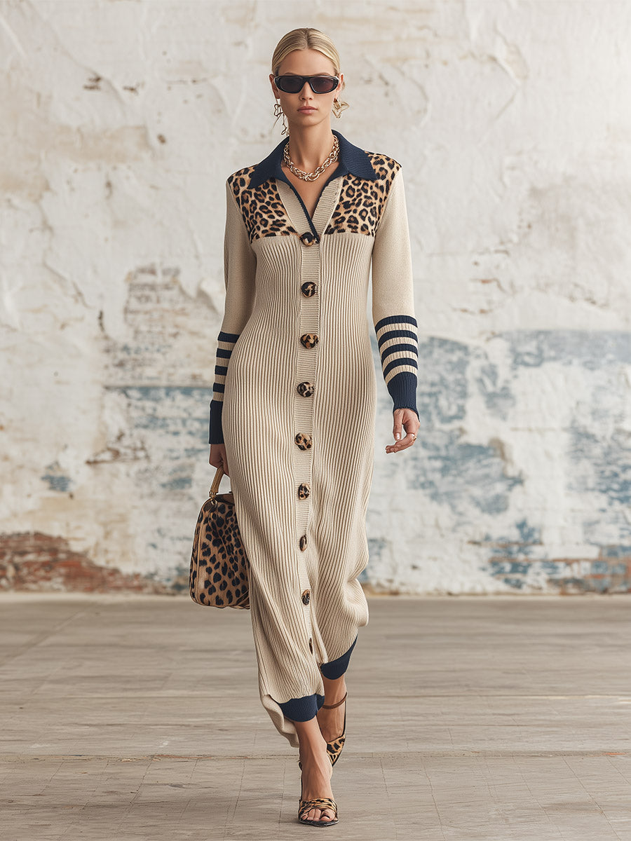 Elegant Oatmeal Leopard-Striped Ribbed Knit Collared Single-Breasted Maxi Dress