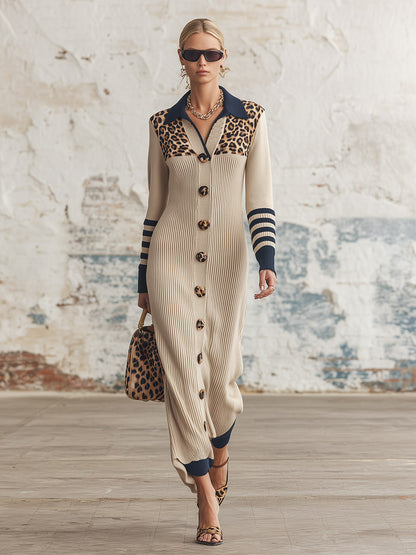 Elegant Oatmeal Leopard-Striped Ribbed Knit Collared Single-Breasted Maxi Dress