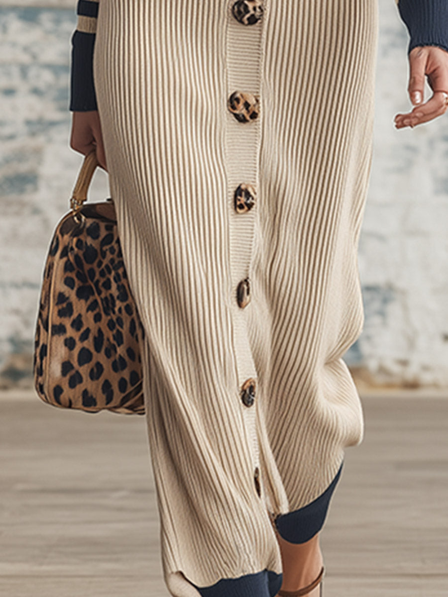 Elegant Oatmeal Leopard-Striped Ribbed Knit Collared Single-Breasted Maxi Dress