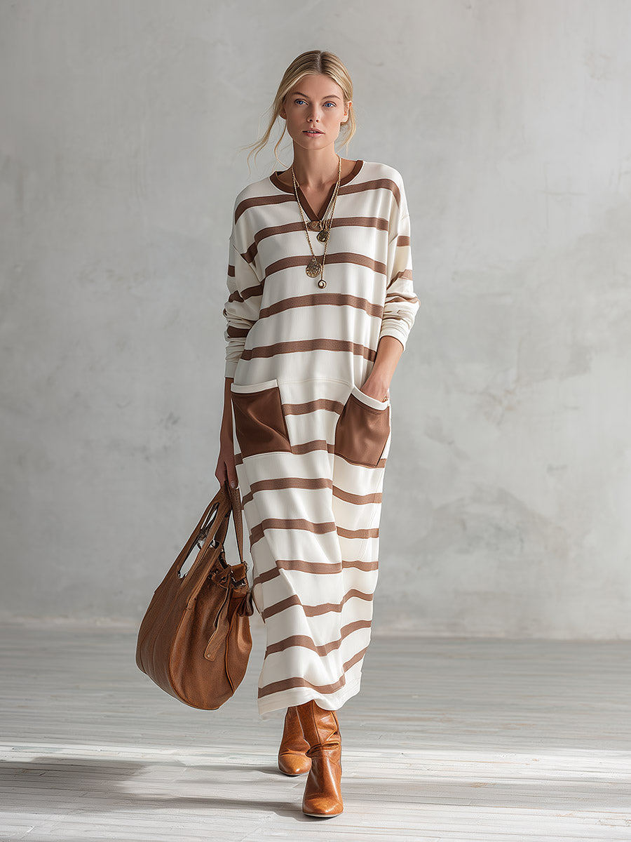 Casual Everyday Striped Multi-pocket Cotton Long-sleeve Maxi Dress