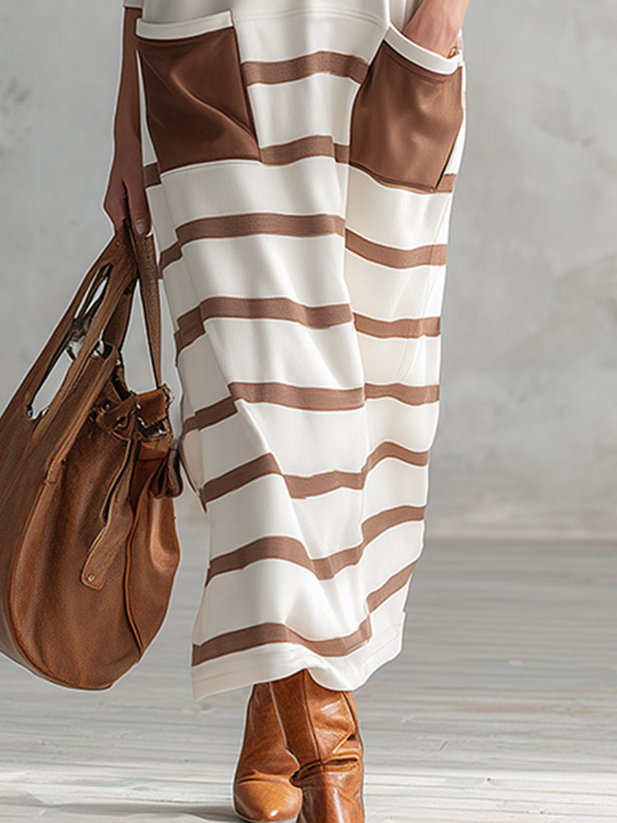 Casual Everyday Striped Multi-pocket Cotton Long-sleeve Maxi Dress