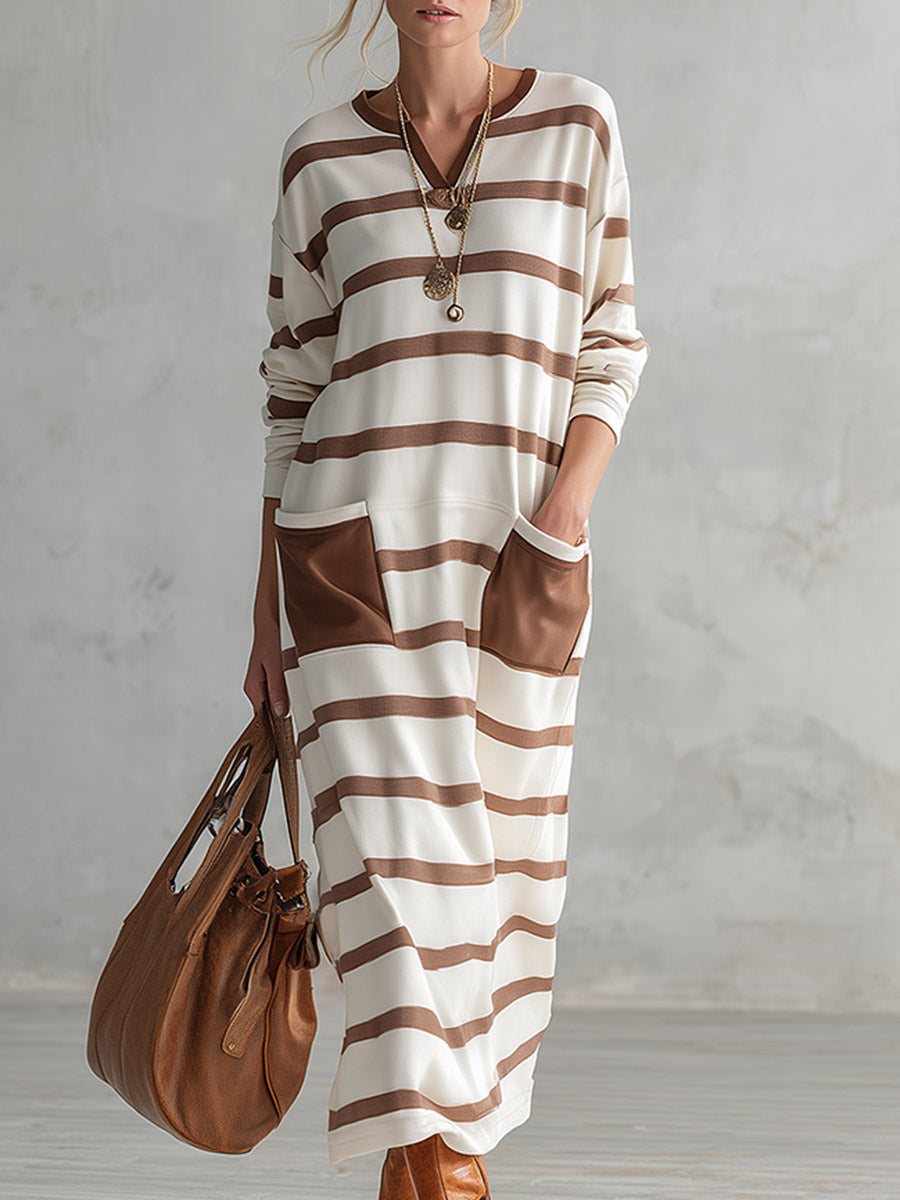 Casual Everyday Striped Multi-pocket Cotton Long-sleeve Maxi Dress