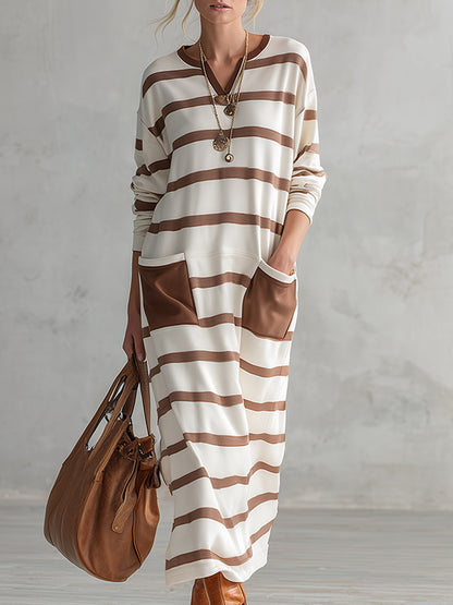 Casual Everyday Striped Multi-pocket Cotton Long-sleeve Maxi Dress